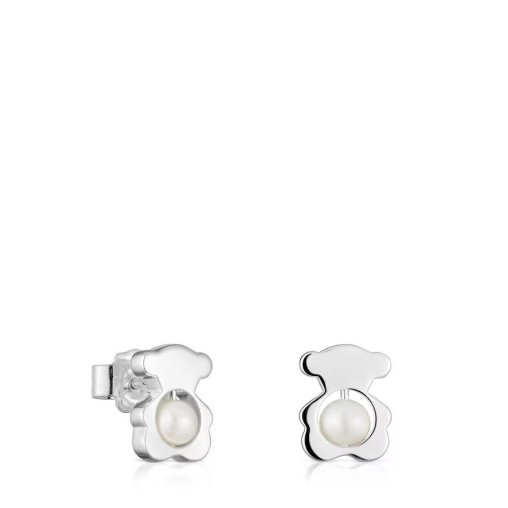 Tous Small silver 10 mm bear Earrings with cultured pearls I-Bear